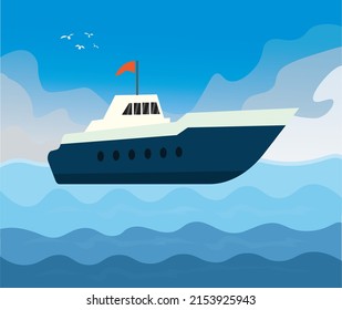 Mar medio ondulado de superficie oceánica con gran yate de verano dibujos abstractos de fondo de arte vectorial.