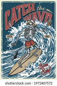 Ocean surfing vintage colorful poster with skeleton in baseball cap and shorts holding glass of cocktail and riding wave vector illustration
