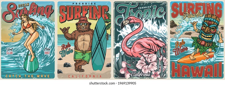 Ozeansurfing Vintage bunte Poster mit rosafarbenen Flamingo exotischen Blättern und Blumen lustige Bären Surfer schöne Mädchen und Mann in tiki Maske Reiten Wellen Vektorgrafik