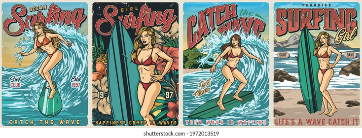 Ocean surfing vintage colorful posters with pineapple tropical flowers and leaves pretty female surfers in red bikini swimsuits vector illustration