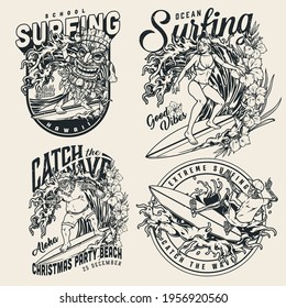 Ocean surfing vintage monochrome prints with beautiful surfgirl in bikini swimsuit skeleton man in tiki mask and happy Santa Claus riding waves isolated vector illustration