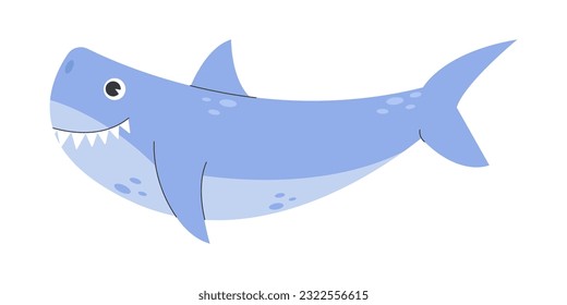 Ocean swimming shark. Cartoon cute shark creature, underwater marine blue shark predator flat vector illustration on white background. Cute cartoon undersea world. Deep Ocean or sea with shark. 