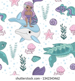OCEAN TALE Mermaid Princess Girl Underwater Tropical Ocean Travel Cruise Seamless Pattern Vector Illustration