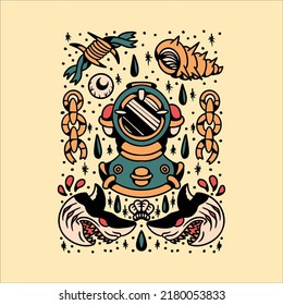 Ocean Tattoo Flash Vector Design