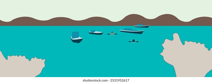 ocean theme background with tourist hanging out time journey by boat and also have with mountain hill, tourist spot in water of sea illustration theme 