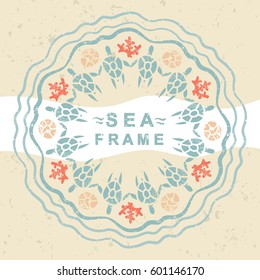 Ocean theme. Colored circular frame with tortoises border on beige background. Cartoon colored turtles, coral, and shell  made in vintage technique: with shabby, scratches surface. 