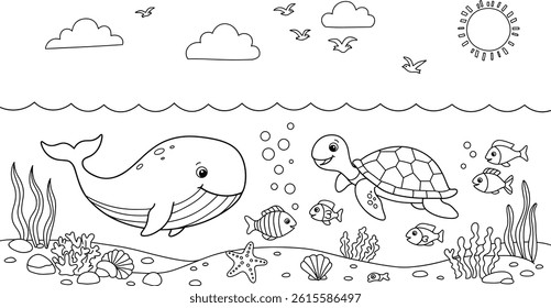 ocean theme coloring page for kids. you can print it on standard