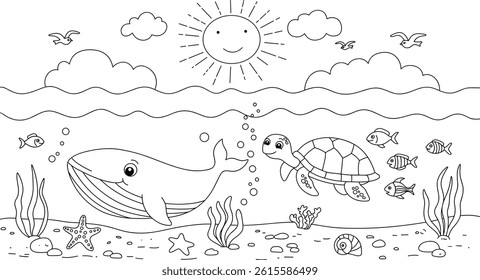ocean theme coloring page for kids. you can print it on standard
