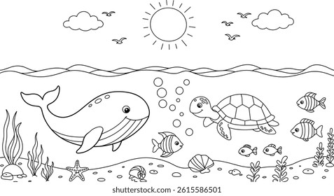 ocean theme coloring page for kids. you can print it on standard