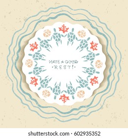 Ocean theme. Paper art style circular frame with tortoises border and your message. Cartoon colored turtles, coral, and shell  made in vintage technique: with shabby, scratches surface. 