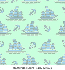 Ocean theme seamless pattern with ship and anchor for baby and children clothing wrapping textile and print vector illustration.