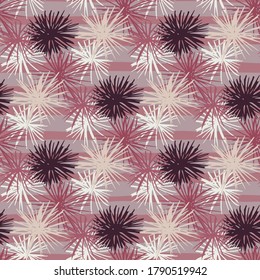 Ocean theme seamless pattern with white and purple sea urchins. Stripped background in lilac tones. Exotic stylized backdrop. Decorative print for wallpaper, textile, wrapping paper, fabric print.