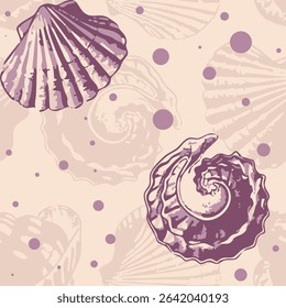 Ocean themed printable seamless pattern. Trendy sea shells, fossil vector pattern ideas for backdrop, wall paper, banner, brochure, templates, textile, home decor, laminates, rugs and carpet.