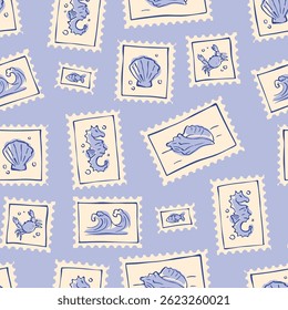 Ocean themed seamless pattern with postage stamp motifs - seashells and waves, fish and crabs in blue line art style. Whimsical repeating design for summer travel, beach vacation or maritime hobbies.