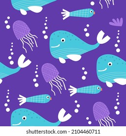 Ocean themed seamless pattern with whales and jellyfish. Vector illustration. 