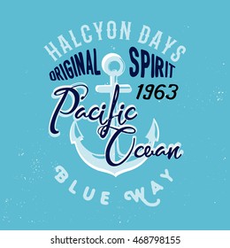 Ocean themed shirt print, Pacific Ocean lettering on the anchor. Nautical apparel design