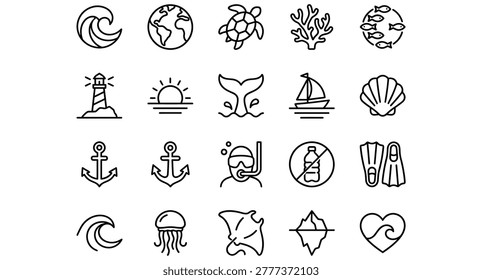 Ocean themed vector icons for marine life, travel and environment. Waves, earth, turtle, coral, fish, lighthouse, sunset, whale tail, sailboat, seashell, anchor, diver, no plastic, flippers.