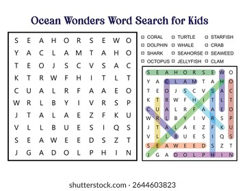 Ocean themed word search puzzle for kids, with highlighted answers. Includes words like seahorse, dolphin, coral, and starfish.