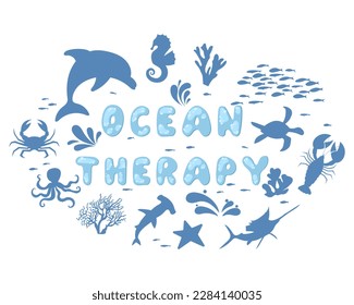 Ocean therapy. An inspiring quote. Modern typographic lettering for printing and poster. Text in the form of bubbles.