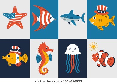 Ocean tiles illustration set. Starfish, jellyfish, striped fish, clownfish, smiling shark, crab, yellow whale, seahorse, dark and light tile background. Underwater animal square vector set