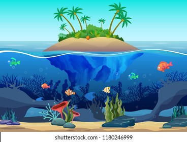 ocean top deep island tourism travel underwater coral brine dive fish summer sea flower beach vacation holiday tropical coconut trees 