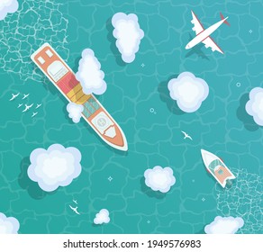 Ocean top view. Container ship, cargo ship, yacht, boat in the middle of the ocean. Plane flies over the ocean. Sea landscape. Flat cartoon illustration. 