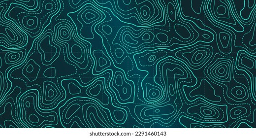 Ocean topographic line map with curvy wave isolines vector illustration. Sea depth topographic landscape surface for nautical radar readings. Cartography texture abstract banner of relief ocean floor.