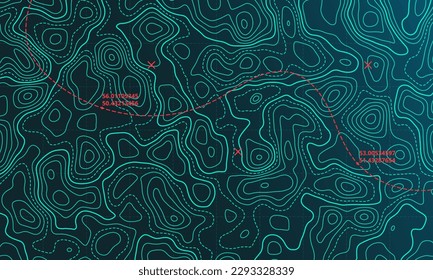 Ocean topographic line map with curvy wave isolines vector illustration. Sea depth topographic landscape surface for nautical radar readings. Cartography texture abstract banner of relief ocean floor.