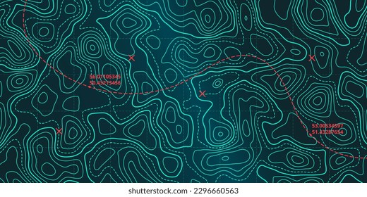 Ocean topographic line map with curvy wave isolines vector illustration. Sea depth topographic landscape surface for nautical radar readings. Cartography texture abstract banner of relief ocean floor.