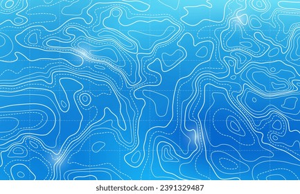 Ocean topographic line map with curvy wave isolines vector illustration. Sea depth topographic landscape surface for nautical radar readings. Cartography texture abstract banner of relief ocean floor.