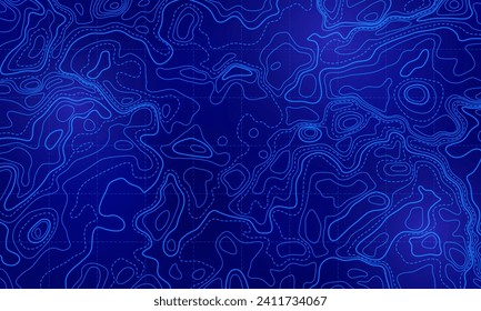 Ocean topographic line map with curvy wave isolines vector illustration. Sea depth topographic landscape surface for nautical radar readings. Cartography texture abstract banner of relief ocean floor.