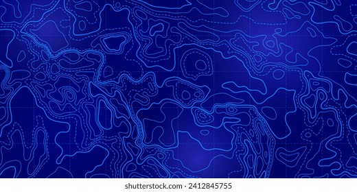 Ocean topographic line map with curvy wave isolines vector illustration. Sea depth topographic landscape surface for nautical radar readings. Cartography texture abstract banner of relief ocean floor.