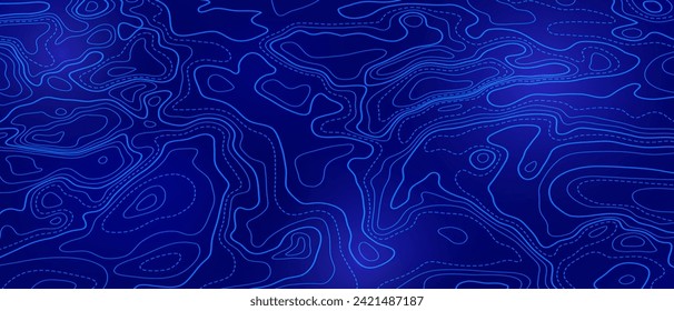 Ocean topographic line map with curvy wave isolines vector illustration. Sea depth topographic landscape surface for nautical radar readings. Cartography texture abstract banner of relief ocean floor.