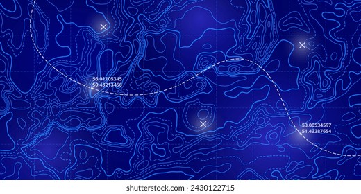 Ocean topographic line map with curvy wave isolines vector illustration. Sea depth topographic landscape surface for nautical radar readings. Cartography texture abstract banner of relief ocean floor.