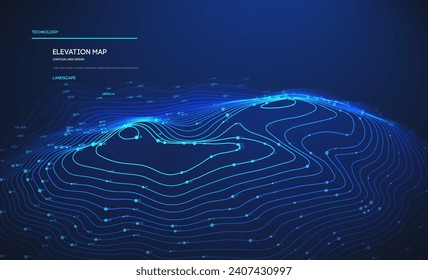 Ocean Topographic map with blue sonar wireframe radar. Oceanography technology background. Big data elevation map with contour lines. Topographic landscape design.