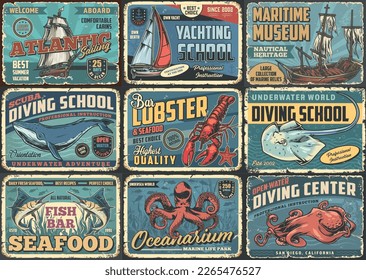 Volantes de vintage del turismo oceánico colorido conjunto para barra de langosta o centro de buceo y museo de reliquias submarinas ilustración vectorial