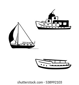 Ocean transport set. Sailing and motor boats, yacht, motor boat.