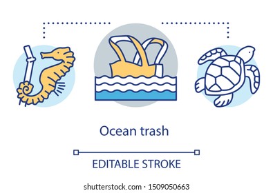 Ocean trash concept icon. Marine debris. Waterborne plastic pollution problem. Threat to fish, reptiles. Eco problem idea thin line illustration. Vector isolated outline drawing. Editable stroke