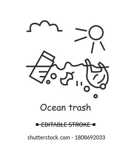 Ocean trash icon. Plastic waste floating on water linear pictogram. Concept of sea microplastic and marine ecosystem waste contamination problem. Editable stroke vector illustration