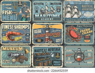 Ocean travel vintage flyers monochrome set with sailing ships for maritime academy and treasures pirates from nautical heritage vector illustration