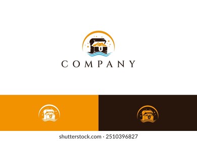 Logotipo de la caja del tesoro del océano con el oro brillante dentro