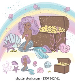 OCEAN TREASURE Magic Cartoon Travel Tropical Vector Illustration Set for Print, Fabric and Decoration.