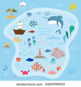 ocean tropic map with animals simple cartoon flat vector illustration