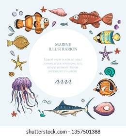 Ocean tropical exotic round card with place for your text. Marine life illustration. Sea background vector template with angel fish, clown fish, moorish idol starfishes and shells.