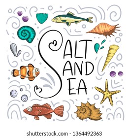 Ocean tropical exotic vector card with tropical underwater animals and lettering quote. Marine life. Sea background vector illustration. Salt and Sea.
