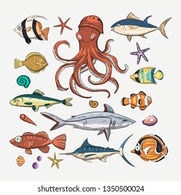 Ocean tropical exotic vector set with underwater animals - stingray, shark, octopus, angel fish, clown fish, moorish idol, shark, perch, dolphin. Marine life. Sea background vector illustration.
