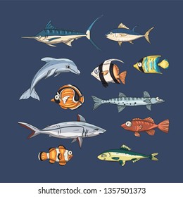 Ocean tropical exotic vector set with underwater fishes - angel fish, clown fish, moorish idol, shark, dolphin. Marine life. Sea background vector illustration.