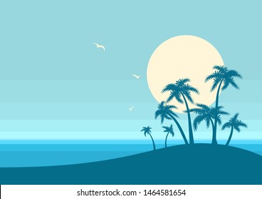 Ocean and tropical island on vector blue sky background. Nature seascape poster for text