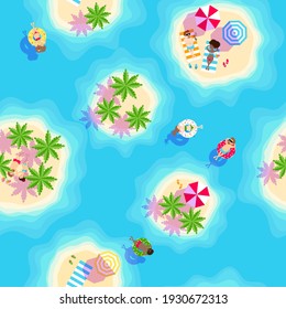 ocean and tropical islands with palm trees, people relax on beach and swim in sea.  seamless pattern in cartoon style. Texture for fabric, wrapping, wallpaper. Decorative print. Vector illustration .