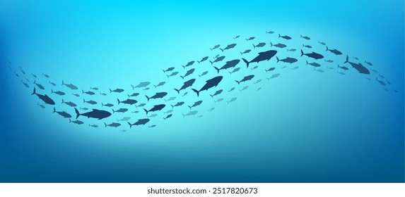 Ocean tuna fish group swimming underwater. Fishes silhouettes stream vector illustration